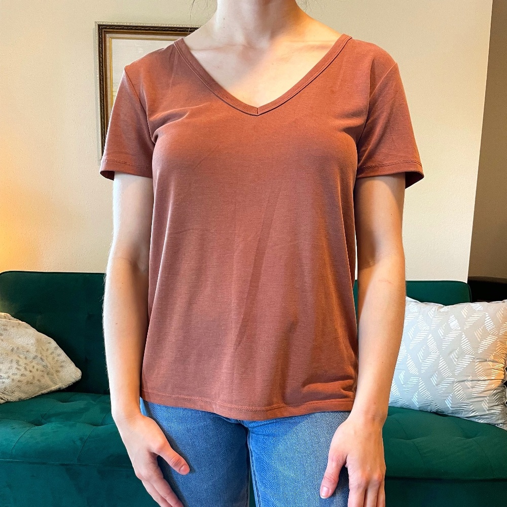 A New Day burnt-orange, v-neck t-shirt